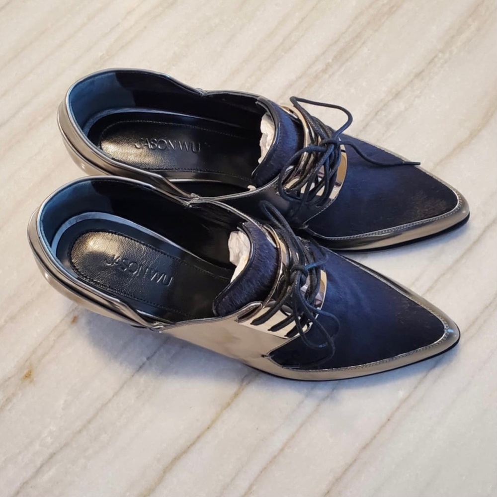Jason Wu Silver, Leather, Pony Hair Brogues Oxfords 7.5 - Picture 7 of 13